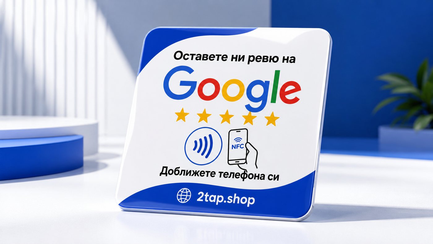 2Tap NFC Google review card standing on a blue surface