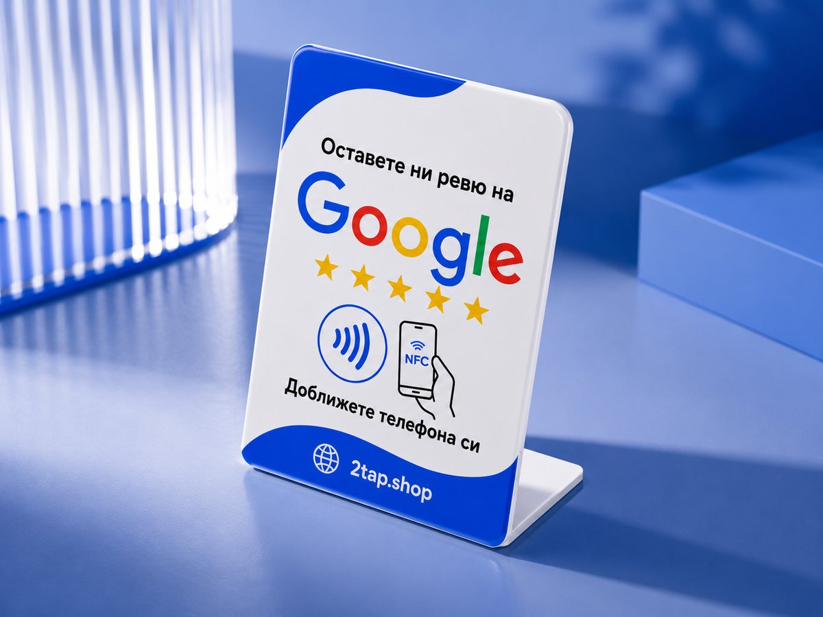 2Tap counter stand holding a Google review card